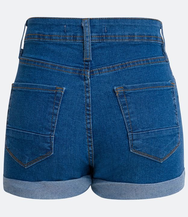 Short Hotpants Cintura Alta em Jeans com Barra Dobrada e Pontos de Luz Azul 7