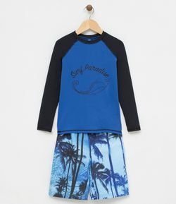 Conjunto Praia Infantil Camiseta com Estampa e Bermuda Estampada - Tam 6 a 14