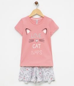 Pijama Infantil Algodão com Estampa de Gatinha Brilha no Escuro - Tam 6  a 14