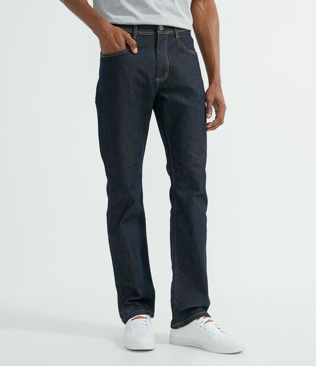 Calça Reta Jeans com Elastano e Costura Contrastante Azul 1