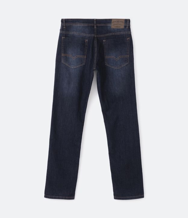 Calça Slim Básica Jeans com Elastano e Pesponto Contrastante Azul Escuro 7