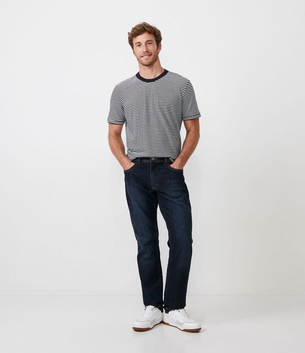 Calça Slim Básica Jeans com Elastano e Pesponto Contrastante Azul Escuro 1