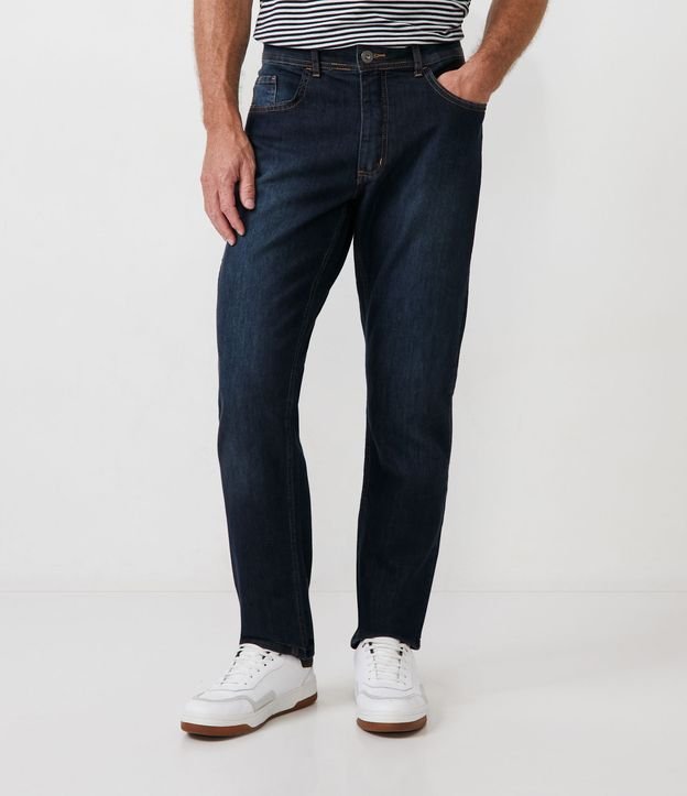 Calça Slim Básica Jeans com Elastano e Pesponto Contrastante Azul Escuro 2