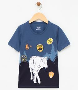 Camiseta Infantil Manga Curta Silk e Estampa de Lobo - Tam 5 a 14