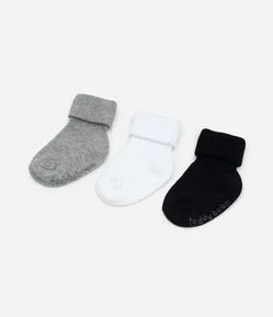 Kit 03 Meias Infantis em Algodão com Dobra Dupla - Tam 0 a 12 Meses