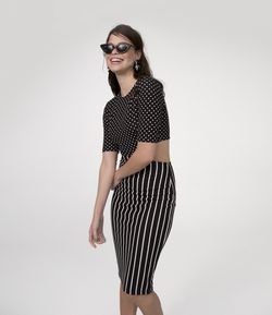 Vestido Poá e Listras com Abertura na Cintura 