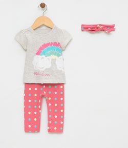 Conjunto Infantil Blusa com Estampa de Arco Iris e Calça Estampada - Tam 0 a 18 meses