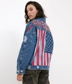 Jaqueta Jeans Com Pérolas e Bordados USA