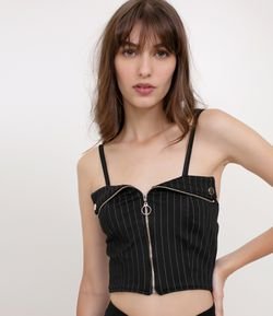 Blusa Cropped com Risca de Giz e Zíper Frontal 