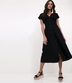 Vestido Midi em Linho com Botões Frontais