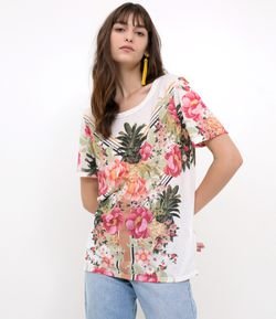 T Shirt Estampada com Abacaxi Floral em Linho