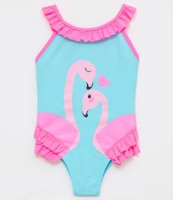 Maiô Infantil com Estampa Flamingos e Babados - Tam 06 meses a 4 anos