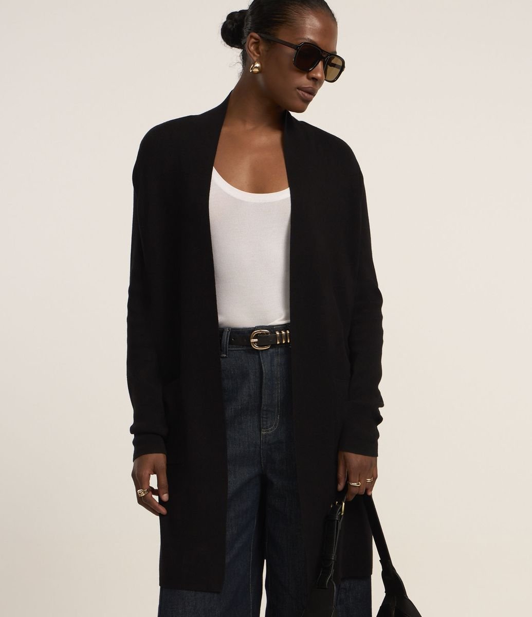 Cardigan Alongado em Tricô com Bolsos Preto