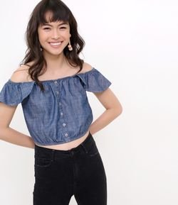 Blusa Jeans Cropped Ombro a Ombro 