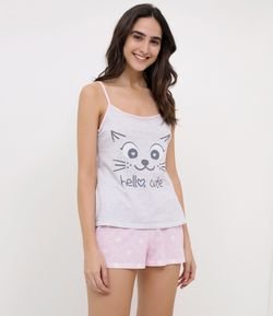 Pijama de Alcinha Estampa Gatinho Hello Cute