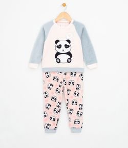 Pijama Infantil com Bordado Panda em Fleece - Tam 1 a 4