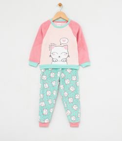 Pijama Infantil com Estampa Gatinho em Fleece - Tam 1 a 4