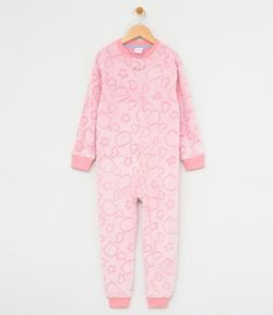 Pijama Infantil Macacão com Estampa Corações em Fleece - Tam 1 a 10
