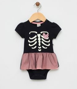 Vestido Body Infantil Estampa Esqueleto que Brilha no Escuro - Tam 0 a 18 meses