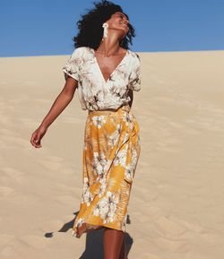 Saia Midi Estampada Amarela 