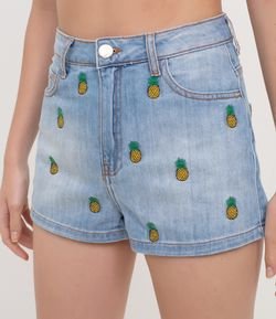 Short Jeans Cintura Alta com Bordados Abacaxi 