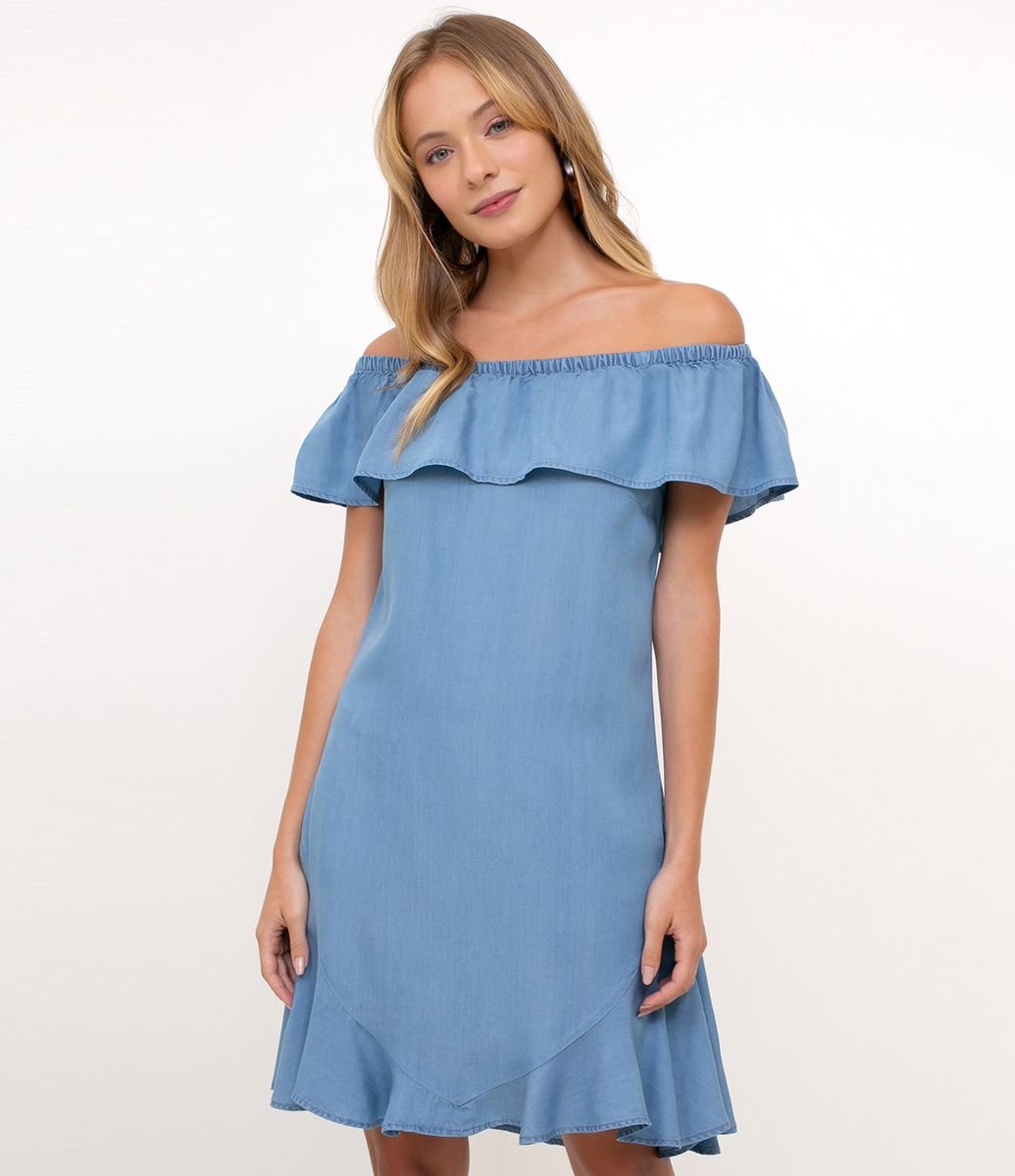 vestido ombro a ombro com babado