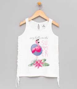 Blusa Regata Infantil com Estampa Flamingo e Franja Lateral - Tam 5 A 14