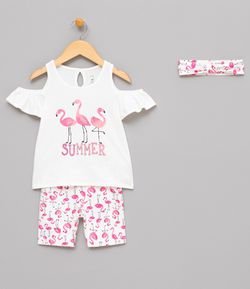 Conjunto Infantil com Estampa Flamingo com Tiara - Tam 1 a 4