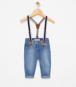 Calca Infantil com Suspensório em Jeans - Tam 3 a 18 meses