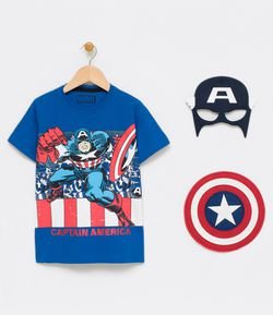 Camiseta Infantil com Máscara e Escudo Capitão América - Tam 4 a 14