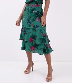 Saia Midi Floral em Crepe com Babados 