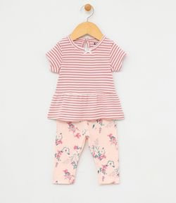 Conjunto Infantil Blusa Listrada com Laçinho e Calça Legging Floral - Tam 0 a 18 meses