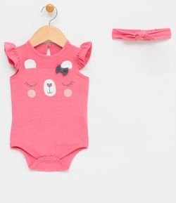 Body Infantil com Estampa Ursinho e Tiara - Tam 0 a 18 meses