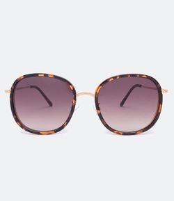 Óculos de Sol Redondo em Metal com Detalhes Tartaruga