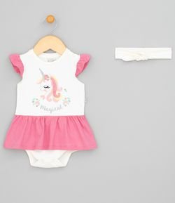 Vestido Body Infantil com Estampa Unicórnio com Glitter e Tiara - Tam 0 a 18 meses