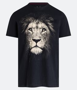 Camiseta Regular em Meia Malha com Estampa Rosto de Leão