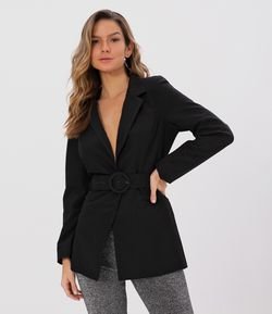 Casaco Blazer em Alfaiataria Liso Alongado com Cinto