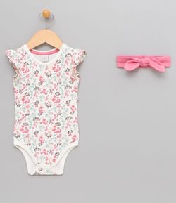 Body Infantil com Estampa Floral e Tiara - Tam 0 a 18 meses