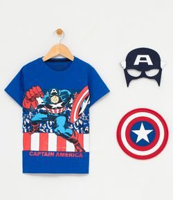 Camiseta Infantil com Estampa e Máscara Capitão América - Tam 4 a 12