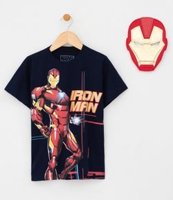 Camiseta Infantil com Estampa e Máscara Homem de Ferro  - Tam 4 a 12
