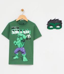 Camiseta Infantil com Estampa e Máscara Hulk - Tam 4 a 12