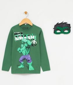Camiseta Infantil com Estampa e Máscara do Hulk - Tam 4 a 12