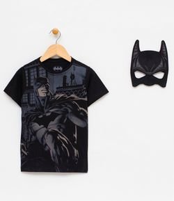 Camiseta Infantil com Estampa e Máscara Batman - Tam 2 a 12