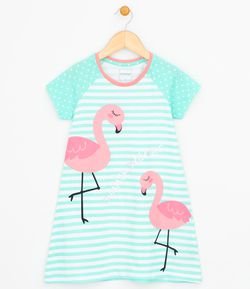 Camisola Infantil Listrada com Estampa Flamingos - Tam 6 a 14