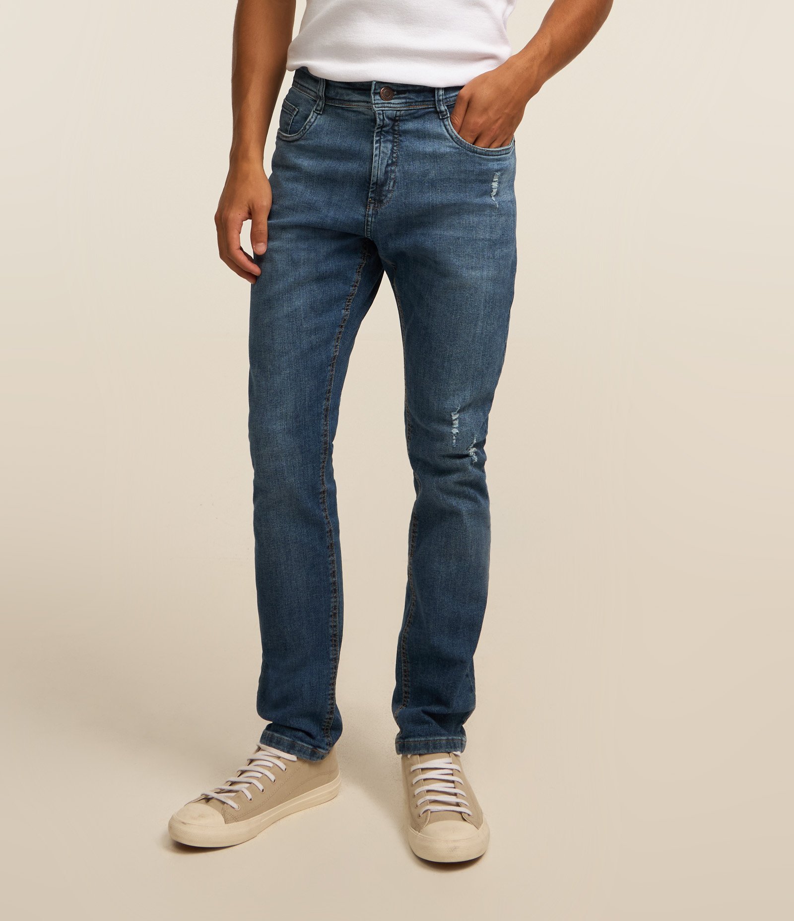 Calça Skinny Jeans com Puídos e Bolsos Azul 3