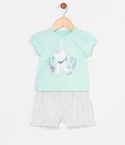 Conjunto Infantil Blusa Estampa de Gatinha e Short Liso - Tam 0 a 18 meses