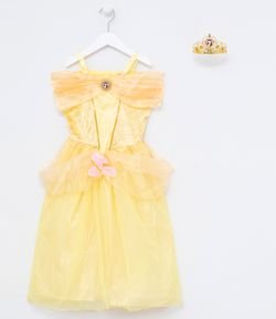 Vestido Infantil da Princesa Bella com Tiara de Coroa - Tam 5 a 14 anos