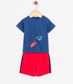 Conjunto Infantil Camiseta Estampa Dinossauro e Bermuda Lisa - Tam 0 a 18 meses