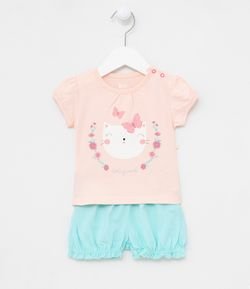 Conjunto Infantil Blusa Estampa de Gatinha e Short Fofo - Tam 0 a 18 meses