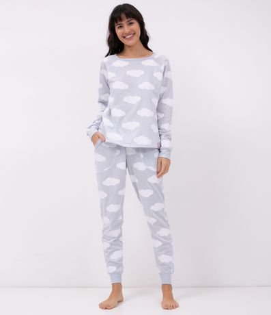Pijama Manga Longa Estampa Nuvens com Fleece